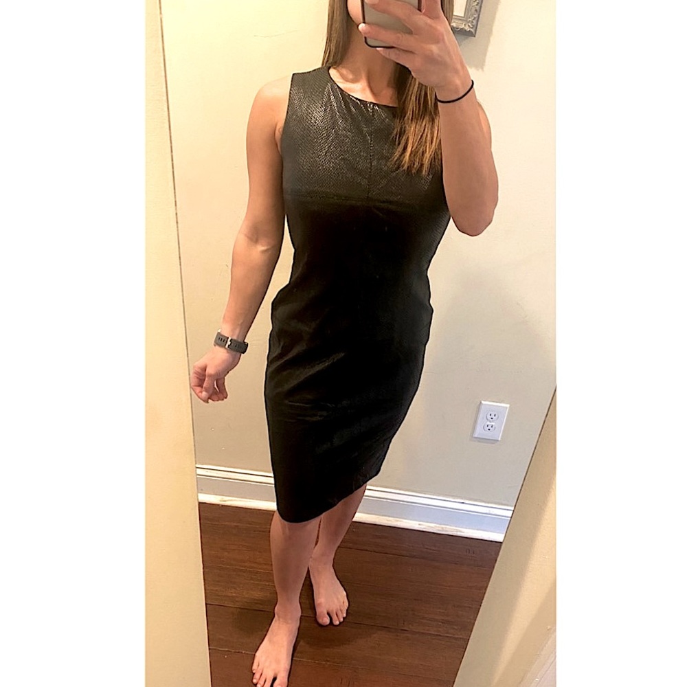 Donna Morgan Reptile Faux Leather Drop Waist Dress - Picture 1 of 9